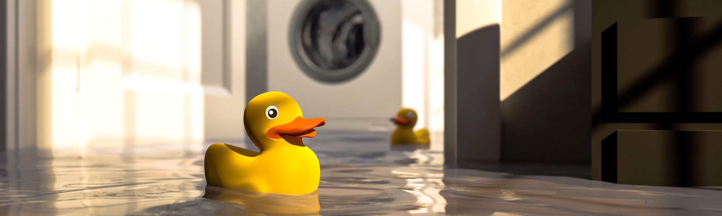rubber duck floating in a flooded home